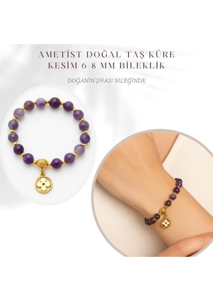 Ametist Küre Kesim Bileklik 6 8 mm Ayarlanabilir 15 cm Lastikli Misina Hediye Için Şık Seçenek
