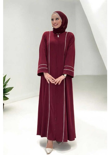 Çizgi Detaylı Boydan Fermuarlı Tam Boy Ferace 6011 Bordo