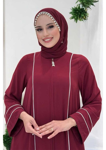 Çizgi Detaylı Boydan Fermuarlı Tam Boy Ferace 6011 Bordo fırsatları