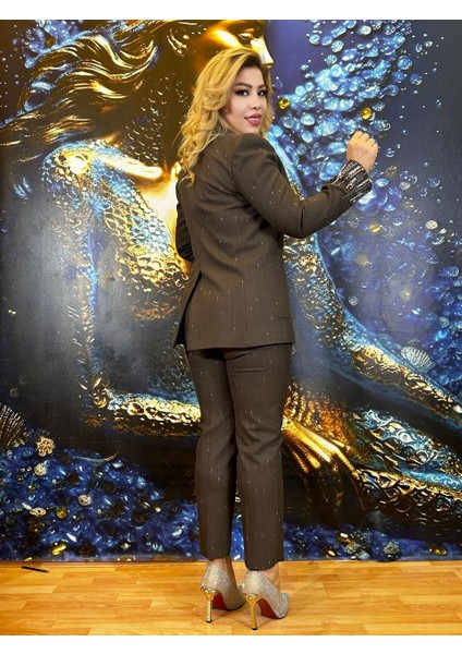 Takım Krep Ceket Pantolon Yüksek Kalite Taşli Işlemeli Astarlı, Cepli, Düğmeli Kahverengi Yırtıkli fiyatları