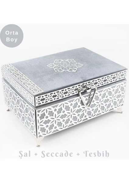 Desenli Kutu Çeyizlik, Şal + Seccade + Tesbih + Kuran Hediye Seti (Orta B. Kadife, Gri, Elif-Vav)