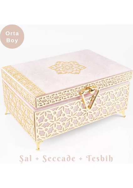 Desenli Kutu Çeyizlik, Şal + Seccade + Tesbih + Kuran Hediye Seti (Orta B. Kadife, P.pembe, Elifvav)