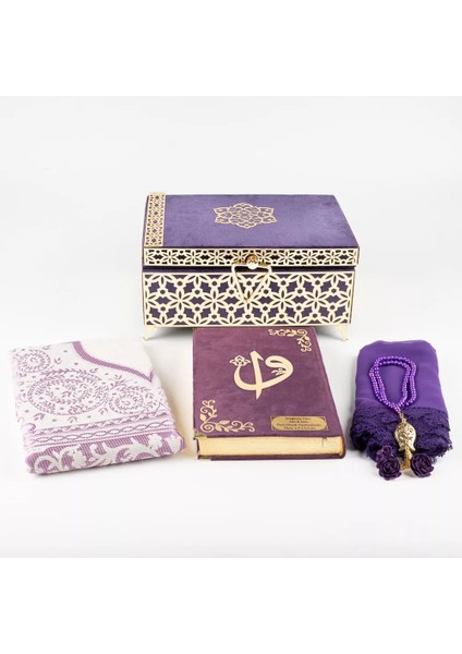 Desenli Kutu Çeyizlik, Şal + Seccade + Tesbih + Kuran Hediye Seti (Orta B. Kadife, Mor, Elif-Vav) modelleri
