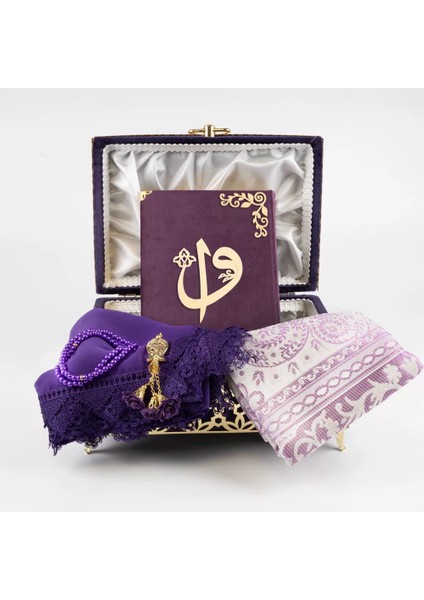 Desenli Kutu Çeyizlik, Şal + Seccade + Tesbih + Kuran Hediye Seti (Orta B. Kadife, Mor, Elif-Vav) indirimleri