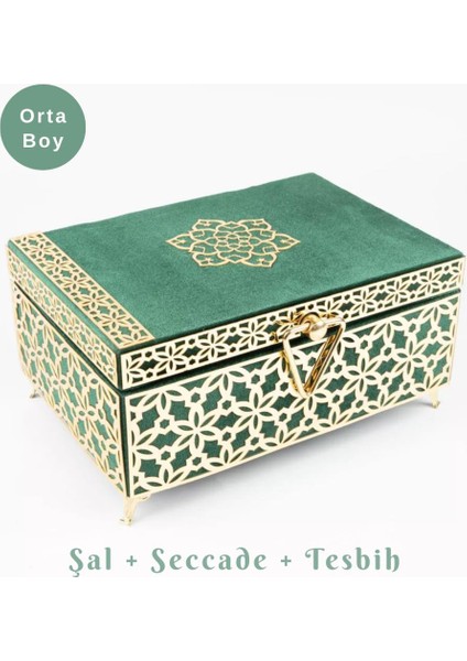 Desenli Kutu Çeyizlik, Şal + Seccade + Tesbih + Kuran Hediye Seti (Orta B. Kadife, Yeşil, Elif-Vav)