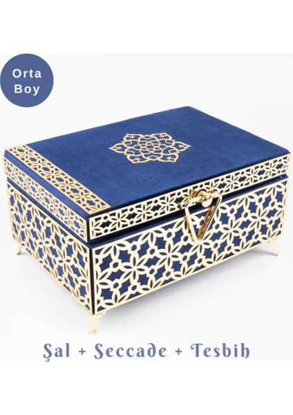 Desenli Kutu Çeyizlik, Şal + Seccade + Tesbih + Kuran Hediye Seti (Orta B. Kadife, Lacivert)