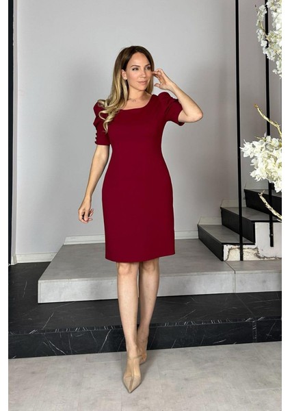 G1388 Balon Kol Düğme Detaylı Elbise Bordo fırsatları