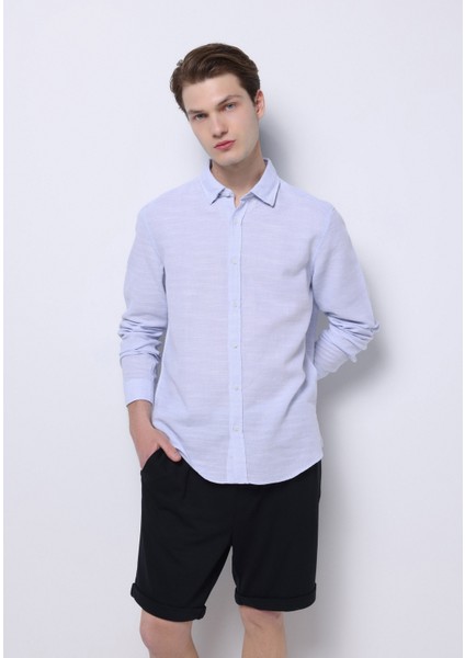 Slim Fit Shirt Neck Düz Erkek Mavi Uzun Kol Gömlek