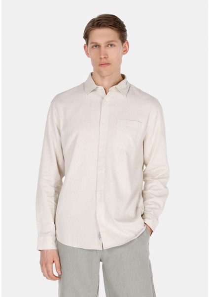 Relaxed Fit Shirt Neck Düz Erkek Keten Karışımlı Bej Uzun Kol Gömlek