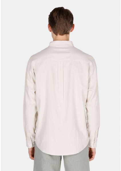 Relaxed Fit Shirt Neck Düz Erkek Keten Karışımlı Bej Uzun Kol Gömlek fiyatları