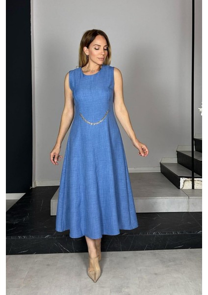 G1385 Zincir Detaylı Kolsuz Keten Elbise Indigo