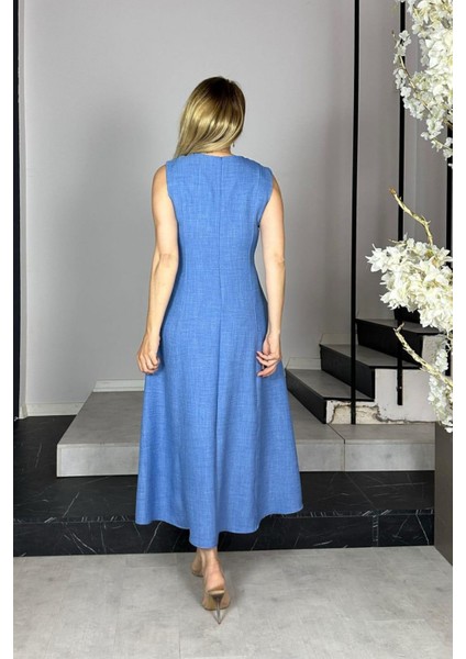 G1385 Zincir Detaylı Kolsuz Keten Elbise Indigo fiyatları