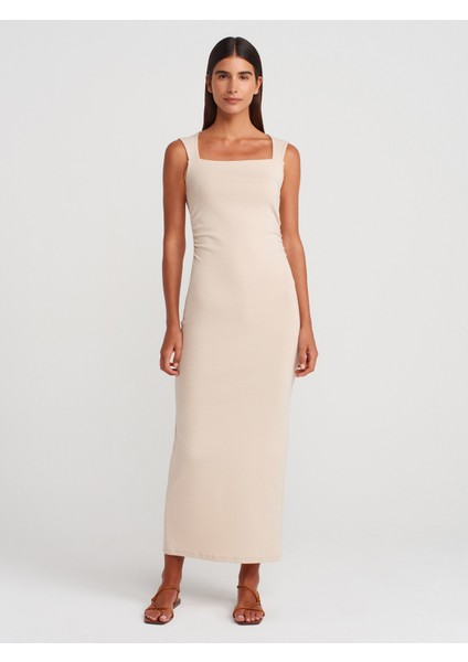 91460 Kare Yaka Midi Elbise-Bej