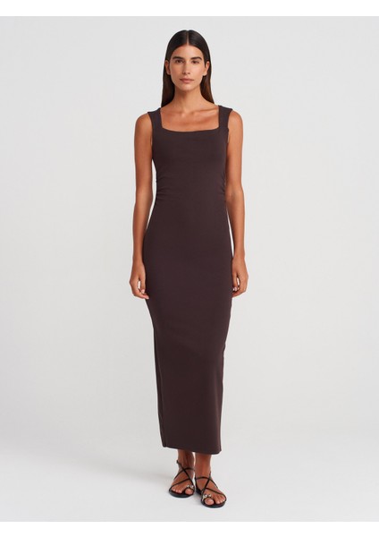 91460 Kare Yaka Midi Elbise-Koyu Kahve