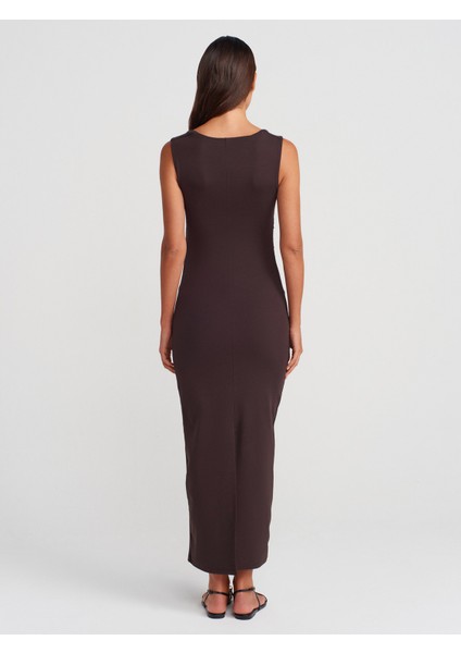 91460 Kare Yaka Midi Elbise-Koyu Kahve