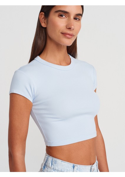 31810 Bisiklet Yaka Crop T-Shirt-Açık Mavi