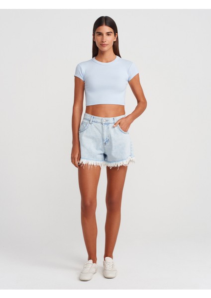 31810 Bisiklet Yaka Crop T-Shirt-Açık Mavi fırsatları