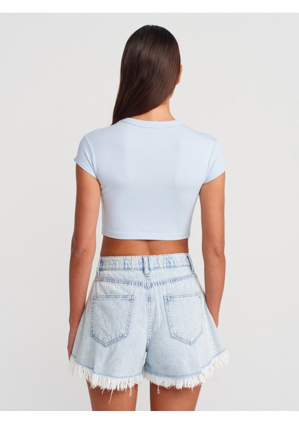 31810 Bisiklet Yaka Crop T-Shirt-Açık Mavi fiyatları