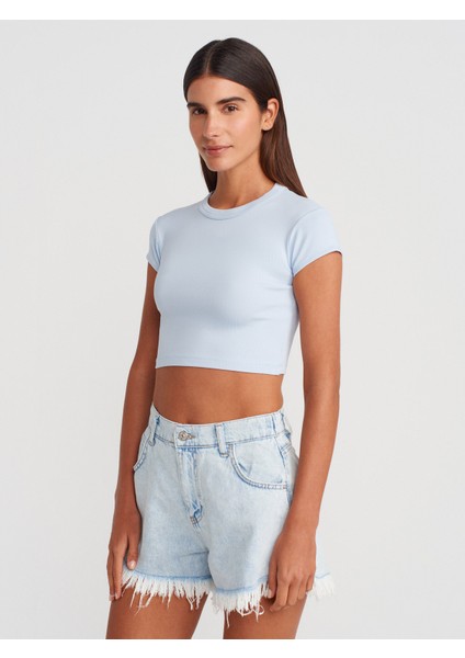 31810 Bisiklet Yaka Crop T-Shirt-Açık Mavi modelleri