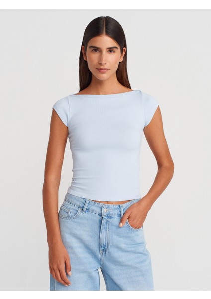 31809 Kayık Yaka Fitilli T-Shirt-Açık Mavi