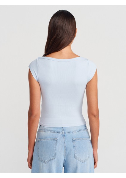 31809 Kayık Yaka Fitilli T-Shirt-Açık Mavi fiyatları