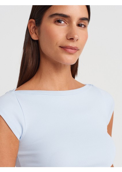 31809 Kayık Yaka Fitilli T-Shirt-Açık Mavi modelleri
