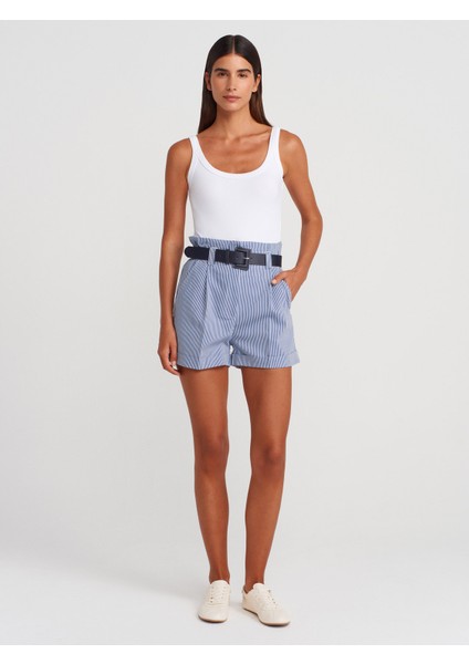 71635 Beli Lastikli Kemerli Şort-Indigo