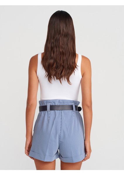71635 Beli Lastikli Kemerli Şort-Indigo