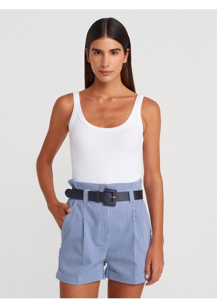 71635 Beli Lastikli Kemerli Şort-Indigo