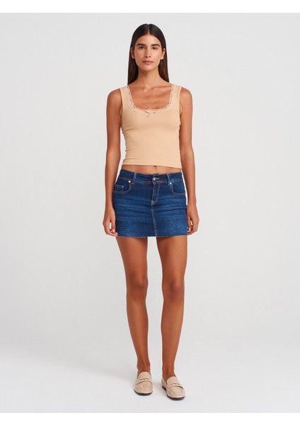 71981 Likralı Kısa Denim Şort Etek-Lacivert