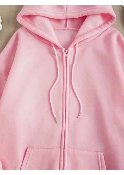 Pembe 3 Iplik Fermuarlı Kapüşonlu Hırka Ceket
