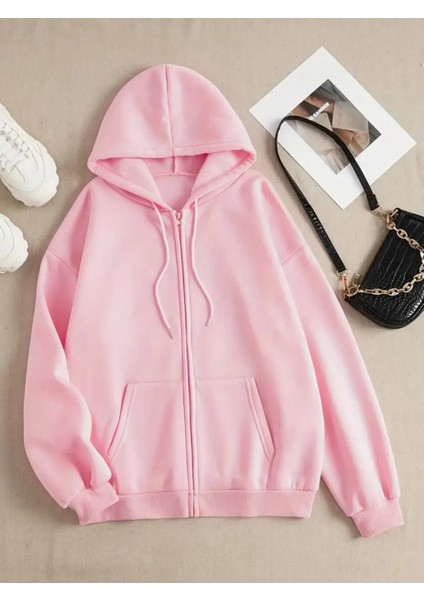 Pembe 3 Iplik Fermuarlı Kapüşonlu Hırka Ceket