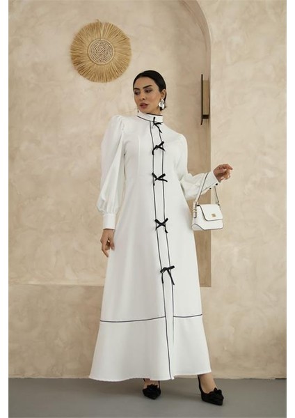 Kadın Özel Tasarım Atlas Kumaş Fiyonk Detaylı Uzun Elbise DPMS2515