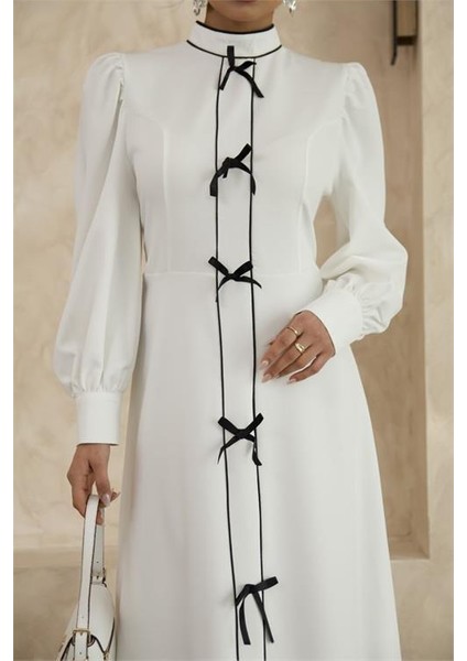 Kadın Özel Tasarım Atlas Kumaş Fiyonk Detaylı Uzun Elbise DPMS2515 fiyatları