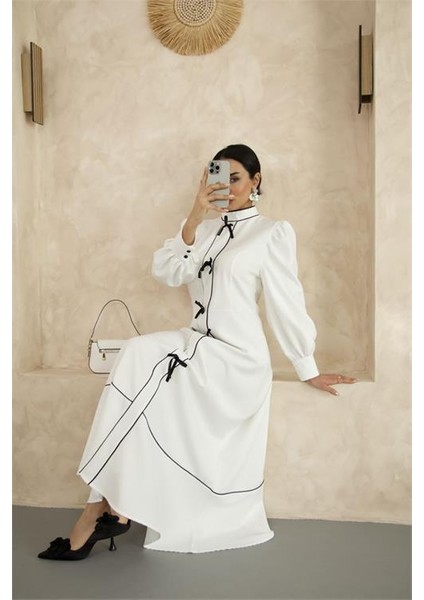 Kadın Özel Tasarım Atlas Kumaş Fiyonk Detaylı Uzun Elbise DPMS2515 modelleri