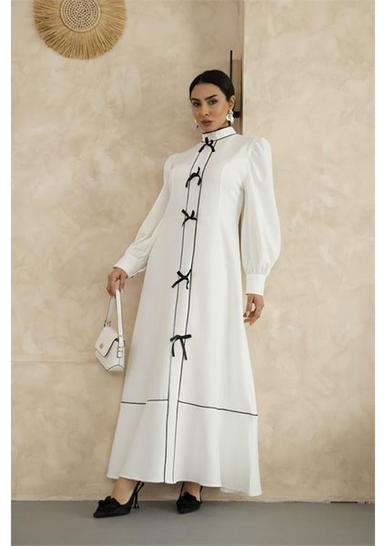 Kadın Özel Tasarım Atlas Kumaş Fiyonk Detaylı Uzun Elbise DPMS2515 fırsatları