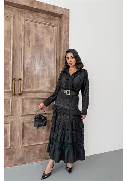 Kadın Siyah Kemerli Özel Tasarım Dantel Detaylı Elbise DPMS2547
