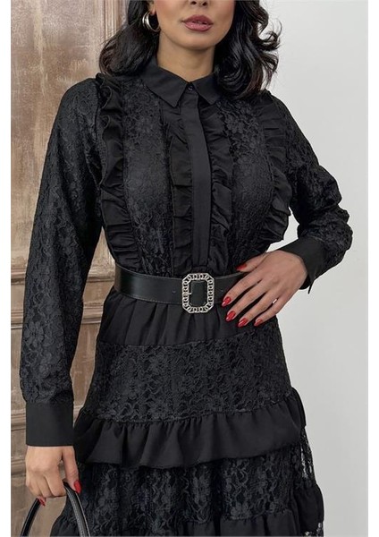 Kadın Siyah Kemerli Özel Tasarım Dantel Detaylı Elbise DPMS2547 fiyatları