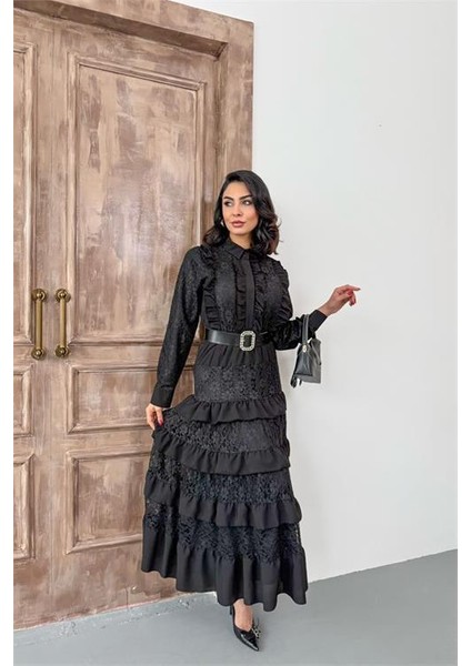 Kadın Siyah Kemerli Özel Tasarım Dantel Detaylı Elbise DPMS2547 modelleri