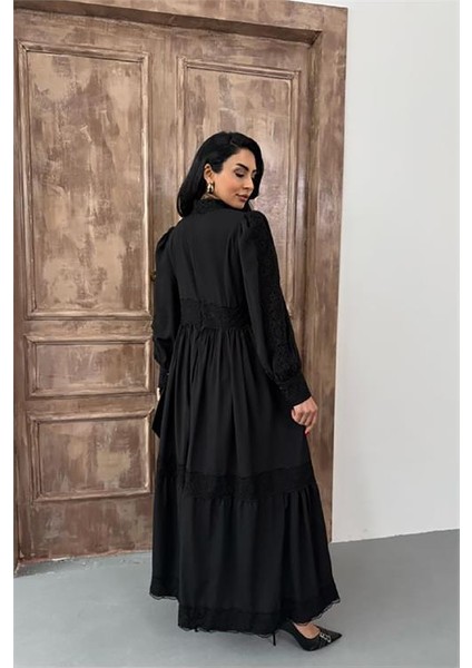 Kadın Krep Kumaş Özel Tasarım Dantel Detaylı Astarlı Elbise DPMS2533 indirimleri