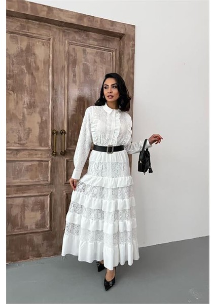 Kadın Beyaz Kemerli Özel Tasarım Dantel Detaylı Elbise DPMS2547
