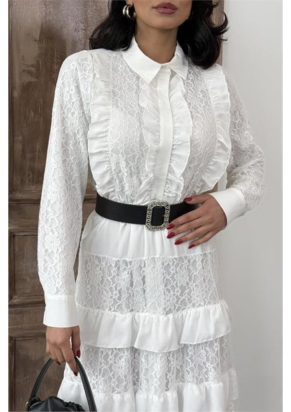 Kadın Beyaz Kemerli Özel Tasarım Dantel Detaylı Elbise DPMS2547 fiyatları