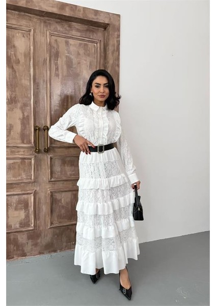 Kadın Beyaz Kemerli Özel Tasarım Dantel Detaylı Elbise DPMS2547 modelleri
