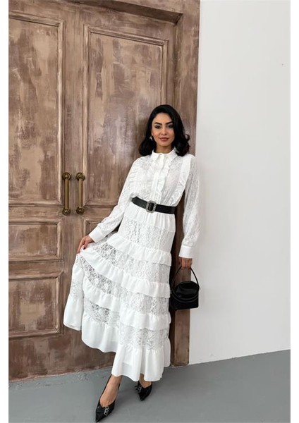 Kadın Beyaz Kemerli Özel Tasarım Dantel Detaylı Elbise DPMS2547 fırsatları