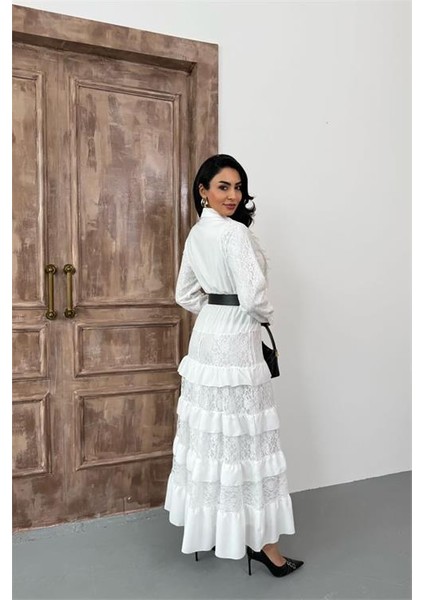 Kadın Beyaz Kemerli Özel Tasarım Dantel Detaylı Elbise DPMS2547 indirimleri