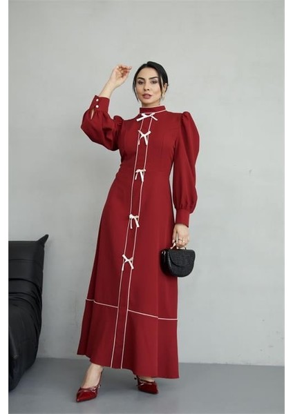 Kadın Özel Tasarım Atlas Kumaş Fiyonk Detaylı Uzun Elbise DPMS2515