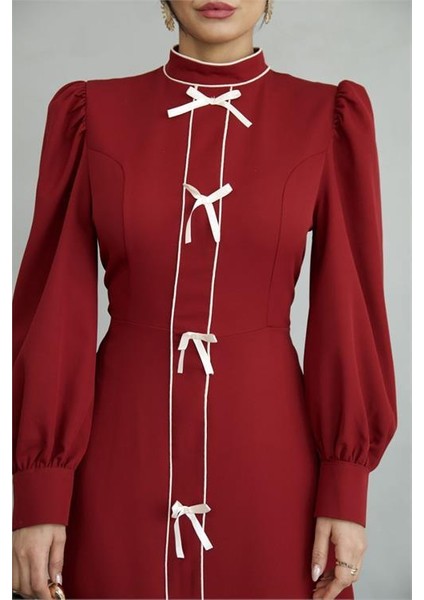 Kadın Özel Tasarım Atlas Kumaş Fiyonk Detaylı Uzun Elbise DPMS2515 fiyatları