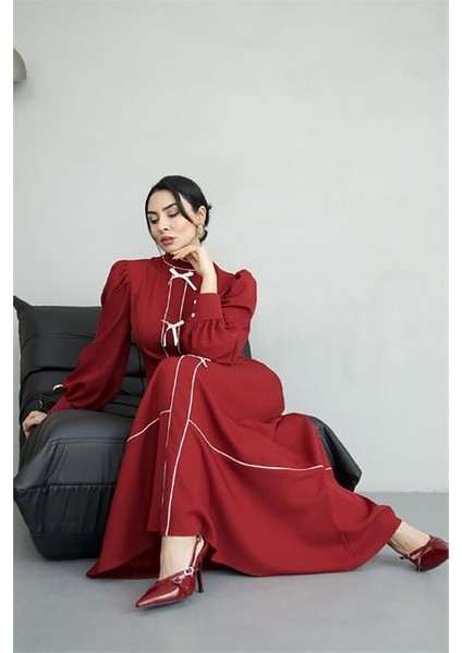 Kadın Özel Tasarım Atlas Kumaş Fiyonk Detaylı Uzun Elbise DPMS2515 modelleri