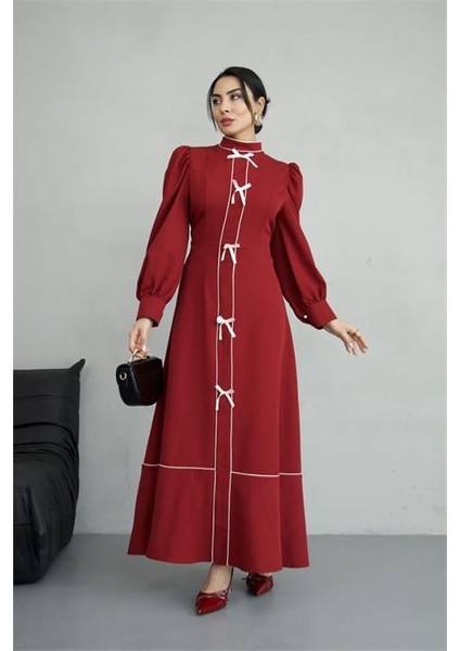 Kadın Özel Tasarım Atlas Kumaş Fiyonk Detaylı Uzun Elbise DPMS2515 fırsatları