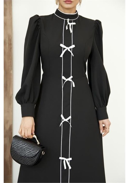 Kadın Özel Tasarım Atlas Kumaş Fiyonk Detaylı Uzun Elbise DPMS2515 fiyatları